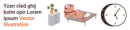 Office organization, workflow management, time tracking, productivity concepts, interior decor, workplace visuals. Desk with file boxes, clock plant and cabinet. Office organization and workflowのイラスト素材