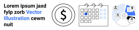 Financial planning, business strategy, workflow, project management, scheduling, collaboration. Calendar with checkmark, dollar sign interconnected icons. Financial planning and business strategyのイラスト素材