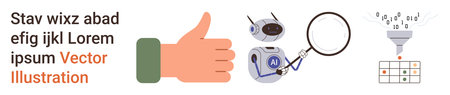 Artificial intelligence, data analysis, automation, research tools, tech innovation, decision-making. Robot with magnifier, funnel filtering data thumbs up. AI and data analysis conceptsのイラスト素材