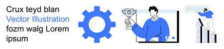 Business success, leadership, innovation, productivity, data analysis, goal setting. Gear icon,...