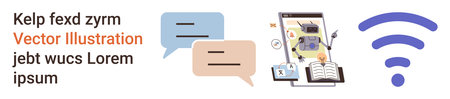 Online education, virtual communication, remote learning, wireless connection, digital collaboration, e-learning. Speech bubbles, smartphone with icons and wireless symbol. Online educationのイラスト素材