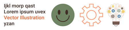 Creativity, teamwork, motivation, problem-solving, innovation, personal growth. Green happy face, orange gear symbol light bulb filled with colorful icons. Creativity and innovation conceptのイラスト素材