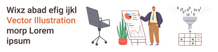 Data analysis, business strategy, office tools, digital workflow, marketing, infographics. A man presenting charts, an office chair a plant a data funnel and a table. Data analysis and businessのイラスト素材