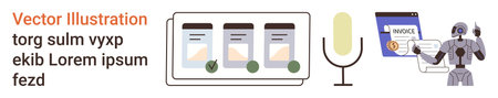 Digital automation, invoice management, voice command, AI interaction, online approval, workflow. Tablet with checks, microphone robot with invoice. Digital automation and invoice management conceptのイラスト素材