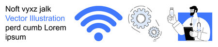 Wireless technology, internet connectivity, innovation, health services, diagnostics, digital communication. wireless symbol, gears and a doctor with a test tube. Internet connectivity and healthのイラスト素材