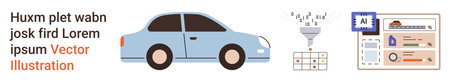 Data management, AI analysis, automation, technology innovation, transportation, digital tools. Image shows a car, a data funnel and a dashboard interface. Data management and AI analysis conceptのイラスト素材