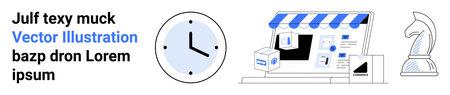 E-commerce, online shopping, digital marketing, productivity, business strategy, time management. a storefront, clock and chess piece. E-commerce and online shopping conceptのイラスト素材