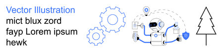Artificial intelligence, technology innovation, robotics engineering, sustainable development, automation processes, eco-friendly concepts. Robot surrounded by gears, icons and tree. Artificialのイラスト素材
