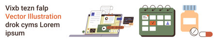 Digital tools, productivity apps, medication tracking, healthcare planning, task scheduling, health apps. Laptop with apps, calendar with tasks medication. Productivity apps and healthcare planningのイラスト素材