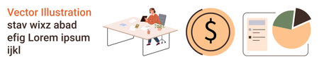 Financial planning, business analysis, market research, remote working, productivity tools, strategy development. Professional at desk, dollar icon and pie chart. Financial planning and businessのイラスト素材