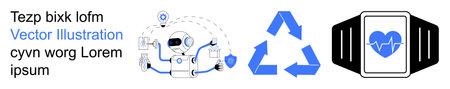 Sustainability, smart technology, wearable health devices, innovation, communication, eco-awareness. Blue recycling icon, connected devices smartwatch with heart symbol. Sustainability and smartのイラスト素材