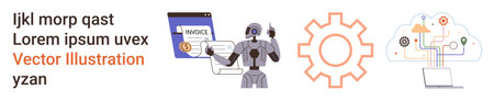 Business automation, AI systems, cloud computing, machine learning, smart technology, modern tools. Robot analyzing invoice, gear icon and cloud network. Business automation and AI systems conceptのイラスト素材