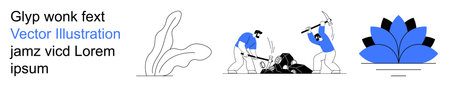 Labor work, resource extraction, manual effort, environmental , teamwork, productivity. Two workers breaking rocks with tools, organic shapes and abstract flower design. Labor work and resourceのイラスト素材