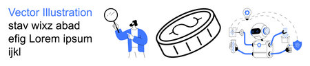 Digital security, finance, artificial intelligence, blockchain, automation, cryptocurrency. A man with a magnifying glass, a coin and a robot graphic. Digital security and finance conceptのイラスト素材