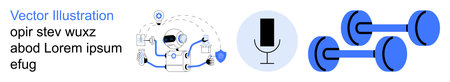 Artificial intelligence, voice recognition, fitness apps, technology innovation, smart gadgets, health tracking. Robot with shield, microphone dumbbells. Artificial intelligence and voiceのイラスト素材