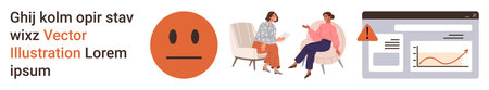 Therapy, emotions, healthcare, analytics, digital alerts, warnings. A frowning face, people in therapy and an online analytics alert. Therapy and emotions illustrated alongside digital data conceptのイラスト素材
