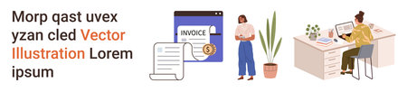 Accounting, finance, office workflow, billing systems, work productivity, administration. Digital invoice, a woman calculating and an office desk scene. Accounting and finance conceptのイラスト素材