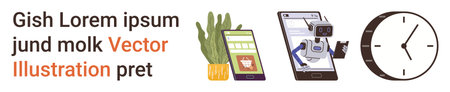 E-commerce, digital shopping, robotic automation, time management, online services, customer experience. Scene includes a smartphone, robot clock and plant. E-commerce and automation conceptのイラスト素材