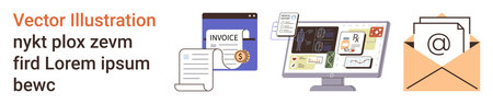Business management, financial processes, digital communication, office workflows, organization, billing systems. Invoice and document on screen with email and financial symbols. Business managementのイラスト素材