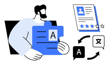 Man holding puzzle piece with text, paired with a resume and translation bubbles. Ideal for hiring, communication, translation, education, problem-solving, teamwork global connection. Simple flatのイラスト素材