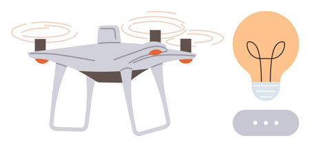 quadcopter with spinning propellers adjacent to a glowing lightbulb symbolizing creativity,...