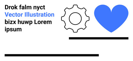 Design, branding, digital marketing, instructional material, social media, content creation. A blue heart next to a gear icon with placeholder text. Design and branding conceptのイラスト素材