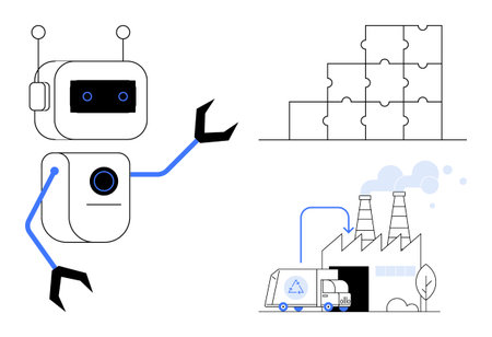 Robotics concept. Robotics illustrated through a robot, puzzle pieces innovation, and a recycling factory emphasizing sustainability. Robotics for automation, problem-solving, sustainability, AIのイラスト素材
