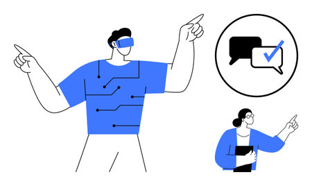 Person using augmented reality headset, circuit-thumbs up design on shirt, woman with tablet, and speech bubbles with checkmark. Ideal for innovation, teamwork, communication, technology, learningのイラスト素材