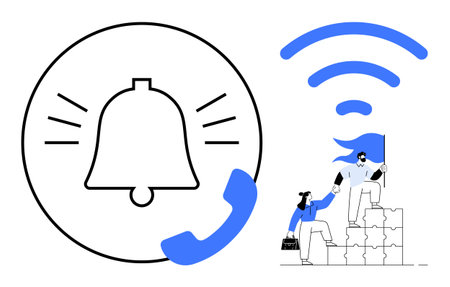 Communication, teamwork, notifications, connectivity, leadership, assistance. A bell icon with phone...