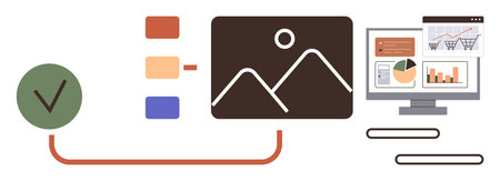 Chart elements, image thumbnails, and computer screens connected in a streamlined data-processing...