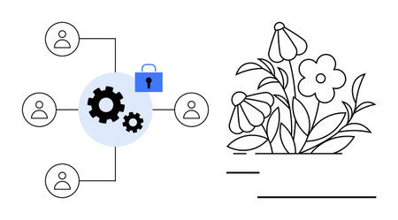 Cybersecurity, teamwork, data sharing, privacy, protection, growth. Graphic shows connected gears,...