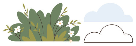 Foliage with delicate white flowers surrounded by two clouds, one outlined and one filled. Ideal for nature, ecology, spring, outdoor themes, gardening, serenity simplicity. Flat metaphorのイラスト素材