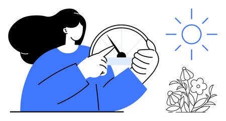 Sustainability, renewable energy, eco-lifestyle, environmental awareness, energy efficiency, nature conservation. Person pointing at energy gauge with sun and flowers. Sustainability and renewableのイラスト素材