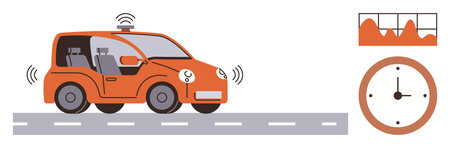 Self-driving car emitting wireless signals on highway, accompanied by performance chart and clock....