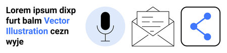 Communication, social media, networking, email, sharing, digital interaction. Microphone, envelope and share icons in clean minimalistic design. Communication and social media conceptのイラスト素材