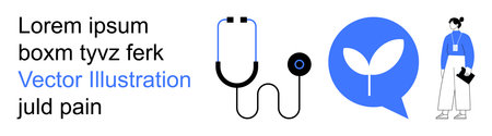 Healthcare, medical communication, environmental sustainability, telemedicine, modern health, and consultation services. Stethoscope, speech bubble with leaf, and person in professional attireのイラスト素材