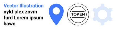 Navigation systems, digital tokens, blockchain security, cryptocurrency, process automation, technology services. A blue location pin, token icon and gear symbol are visible. Navigationのイラスト素材
