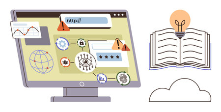 Monitor screen displaying browser security alerts, global internet elements, virus icons, and lock graphics. Open book paired with lightbulb and cloud. Ideal for cybersecurity, internet safetyのイラスト素材