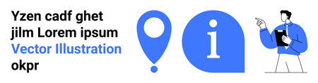 Information sharing, navigation, education, data services, presentation, business tools. Blue map pin and info symbol alongside a man holding a clipboard. Information sharing and navigation conceptのイラスト素材
