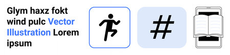Runner icon, metadata tag symbol, and open book on a smartphone in simple square frames. Ideal for education, social media, fitness, technology, learning, motivation simple landing pageのイラスト素材