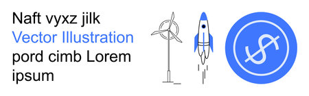 Renewable energy, innovation, space technology, eco-solutions, economic progress, sustainable development. Wind turbine, rocket and dollar sign. Renewable energy and economic progress conceptのイラスト素材