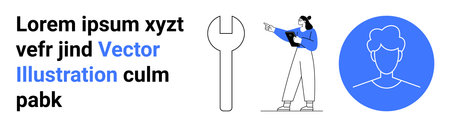 Worker pointing toward text, wrench representing tools, digital profile icon in blue for personal branding. Ideal for team building, identity, HR, services, support, innovation simple landing pageのイラスト素材