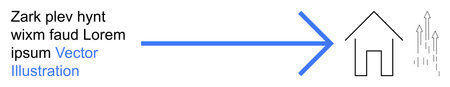 Real estate, navigation, growth, direction, progress, planning. A blue arrow pointing towards a house outline with upward lines. Real estate and navigation conceptのイラスト素材