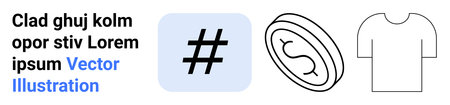 metadata tag in blue square, sketched coin with dollar sign, outlined t-shirt, placeholder text in modern style. Ideal for social media, economy, retail, branding, design education simple landingのイラスト素材