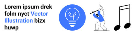 Creativity, productivity, innovation, music, work, new ideas. Blue lightbulb icon, worker mining music note symbols. Creativity and productivity in a minimalist designのイラスト素材