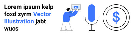 Person holding a tablet showing a video, large microphone, and dollar sign inside a circle. Ideal for media, technology, monetization, content creation, broadcasting, marketing simple landing pageのイラスト素材