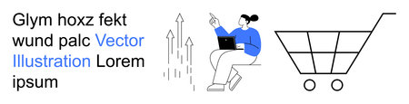 Online shopping, business analytics, e-commerce trends, digital marketing, data analysis, financial growth. Person working on a laptop near a shopping cart and rising arrows. Online shoppingのイラスト素材