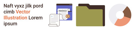 Business management, finance tracking, data analytics, accounting operations, report organization, digital filing systems. Folder, invoice report and pie chart icons. Finance tracking and dataのイラスト素材
