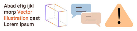 Communication, technology, alerts, education, design concepts, warnings. A cube outline, speech bubbles and a triangular warning sign. Communication and technology concepts effectivelyのイラスト素材