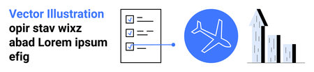 Productivity planning, travel management, business success, growth strategies, logistics, organization. Checklist, airplane icon upward bar graph with buildings. Productivity and travel managementのイラスト素材